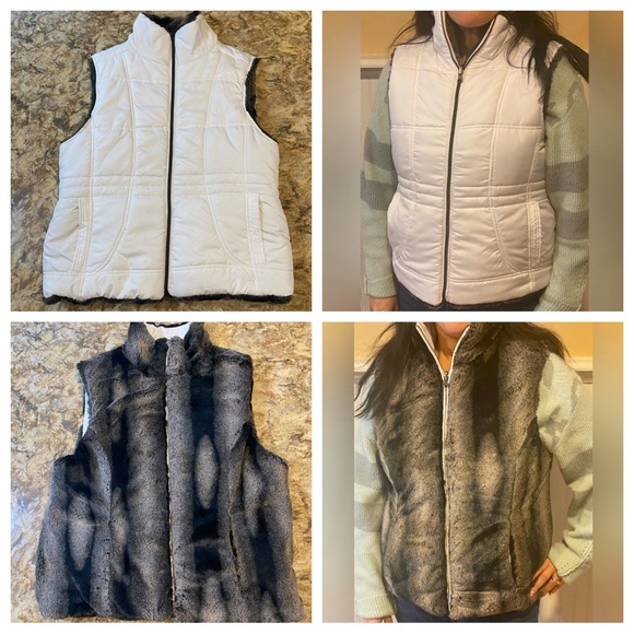 Women’s Reversible Vest - KC Collections - White Vest Reverses to Faux Fur Vest - Picture 1 of 9